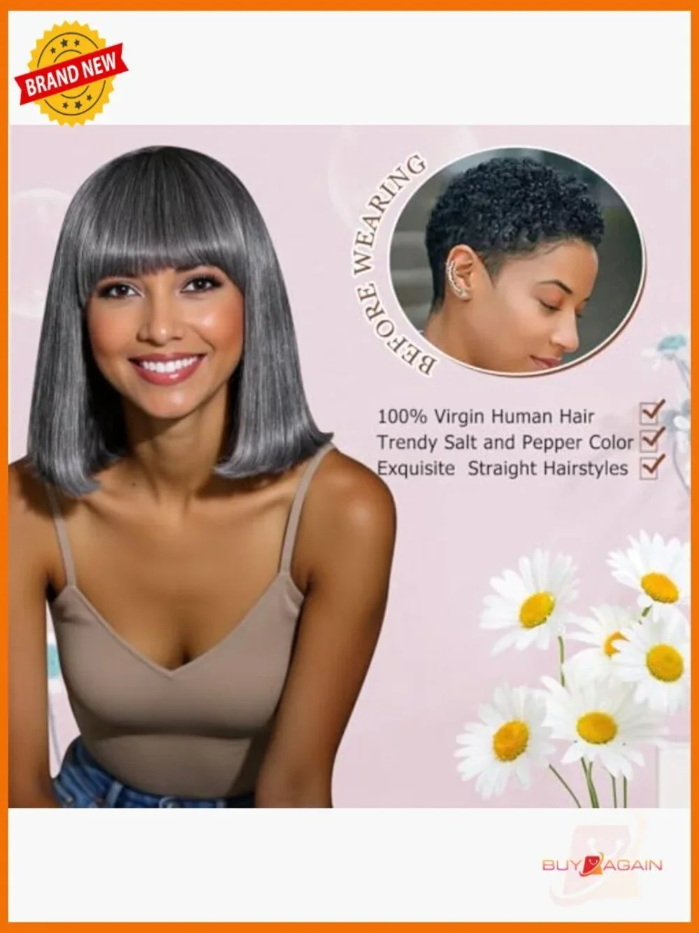 Salt and Pepper Human Hair Bob Wig with Bangs Glueless Straight Short 10 Inch - Picture 5 of 6